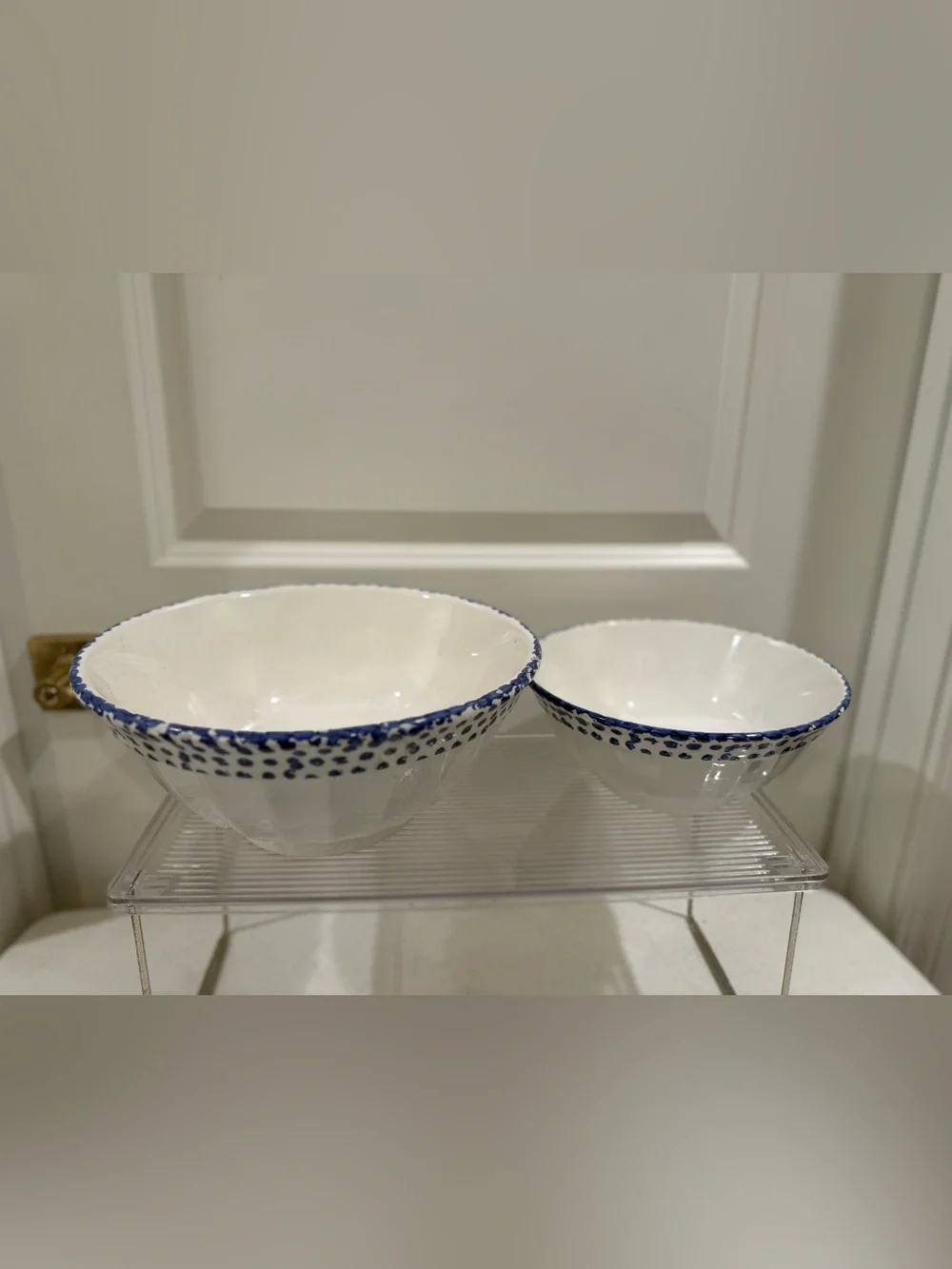 Vintage Pottery Barn Serving Bowls with Blue Speckled Rim Set ~ Made in Italy